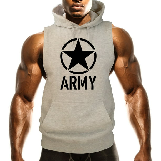 Men's Army Circle Star Black Sleeveless Vest Hoodie Workout Fitness Gym US V120